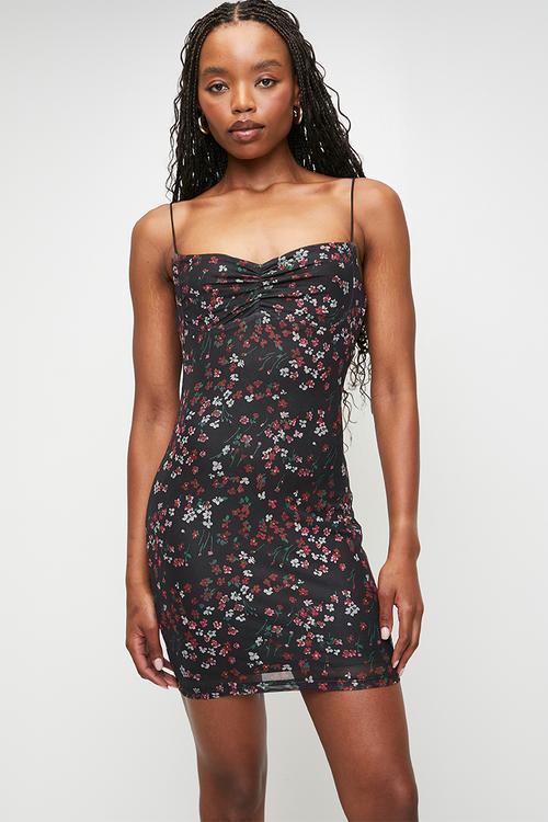 Always Present Mini Dress With An Underbust Cutline And Ruching Detail - Black/Red Print