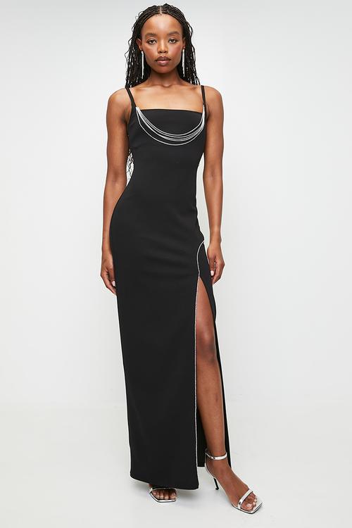 Bold Statement Maxi Dress With A Straight Neckline And Curved Slit With Diamante Trim - Black