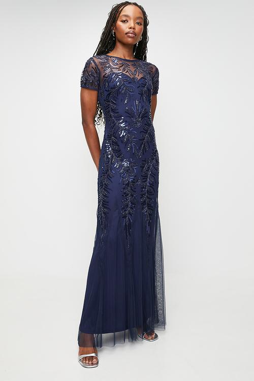 Cap Sleeve Sequin Maxi Glam Dress - Navy Sequin