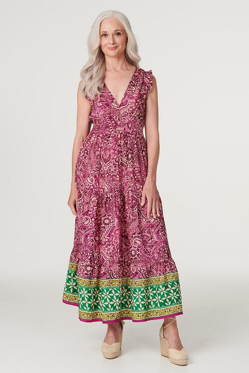 Cap Sleeve Flutter V-Neck Maxi Dress With Border Print At Hem - Multi
