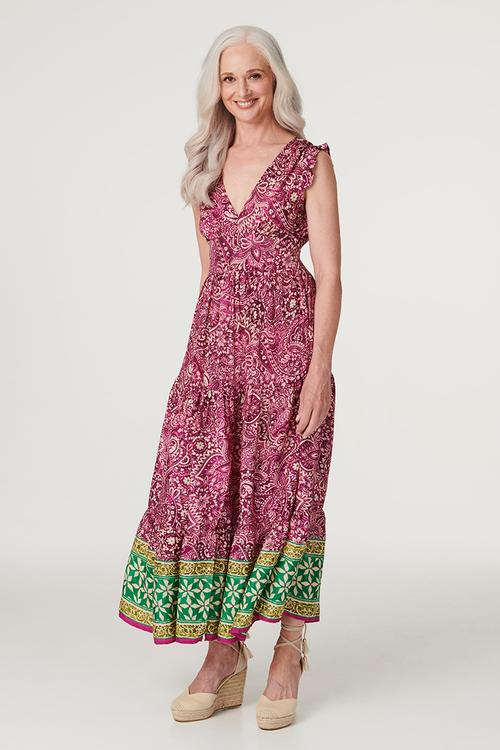 Cap Sleeve Flutter V-Neck Maxi Dress With Border Print At Hem - Multi