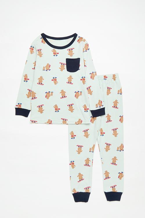 Printed pj set - mint cream/ski bear