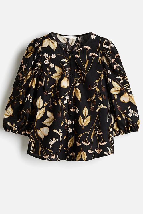 Linen-blend blouse - black & floral