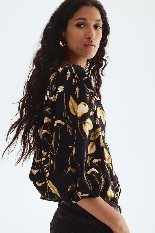 Linen-blend blouse - black & floral