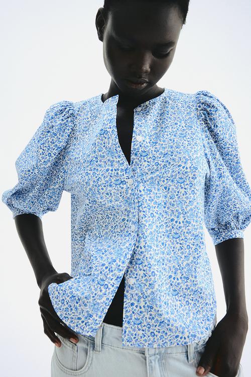 Poplin blouse - white & blue floral
