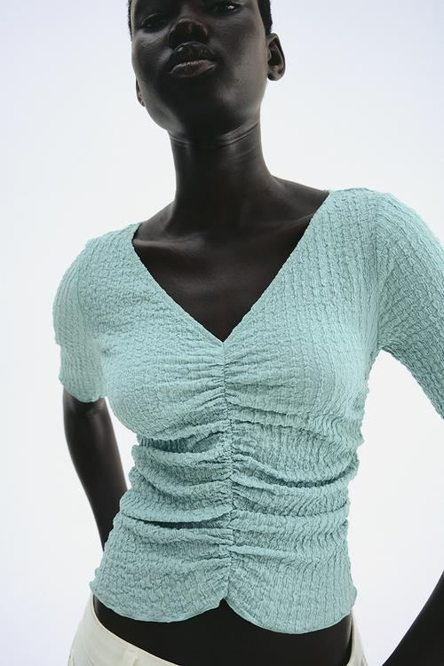 Textured draped top - light turquoise
