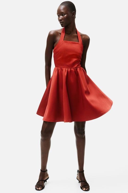 Circular-skirt halterneck dress - red