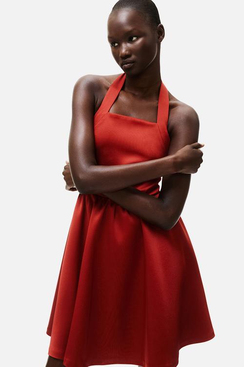 Circular-skirt halterneck dress - red