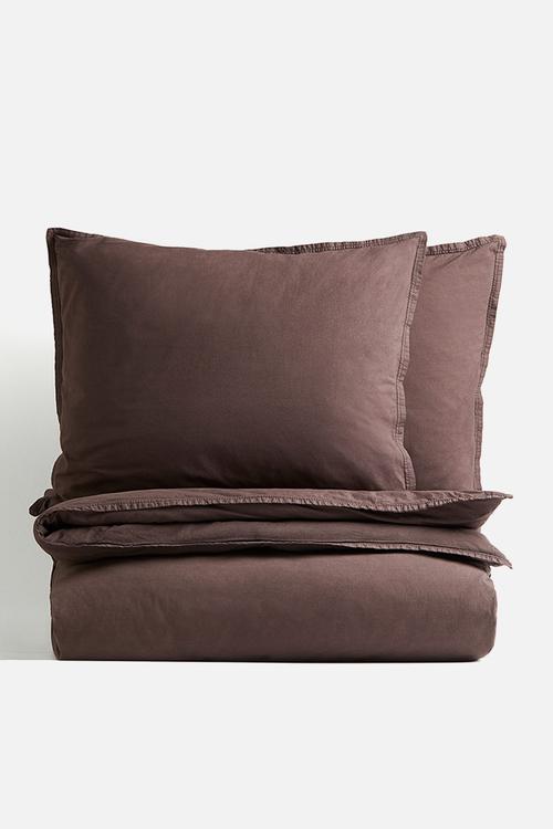 Washed cotton double/king duvet cover set - dark brown