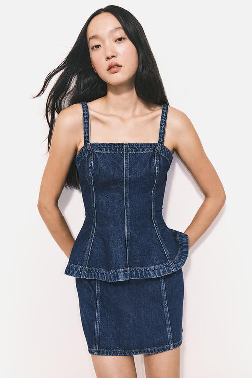 Denim peplum top - dark denim blue