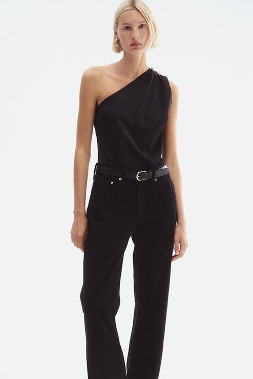 Button-detail one-shoulder top - black