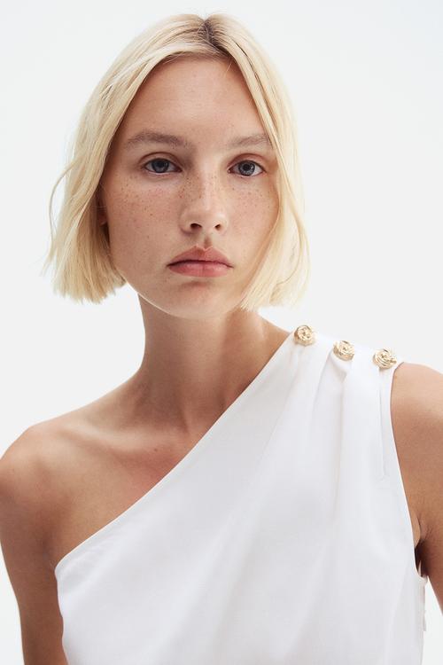 Button-detail one-shoulder top - white
