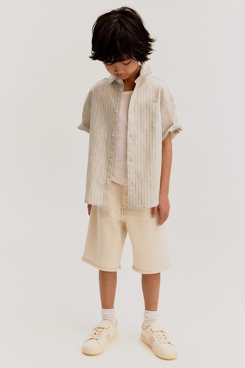 Short-sleeved linen-blend shirt - beige/striped