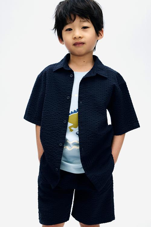Cotton seersucker shorts - navy blue