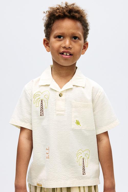 Cotton seersucker polo shirt - cream/palm trees