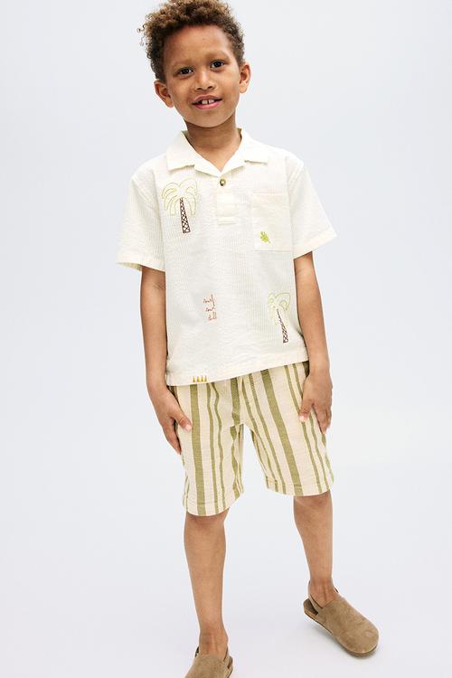 Cotton seersucker polo shirt - cream/palm trees