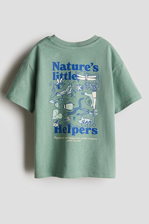 Motif-detail cotton t-shirt - green nature's little helpers