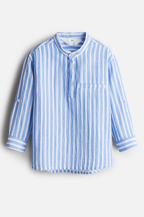 Cotton muslin grandad shirt - blue/white striped