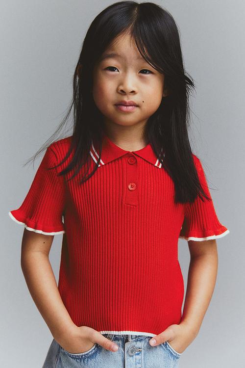 Rib-knit collared top - bright red