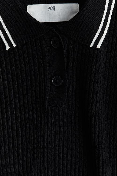 Rib-knit collared top - black