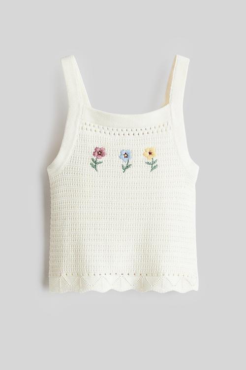 Crochet-look strappy top - cream/flowers 