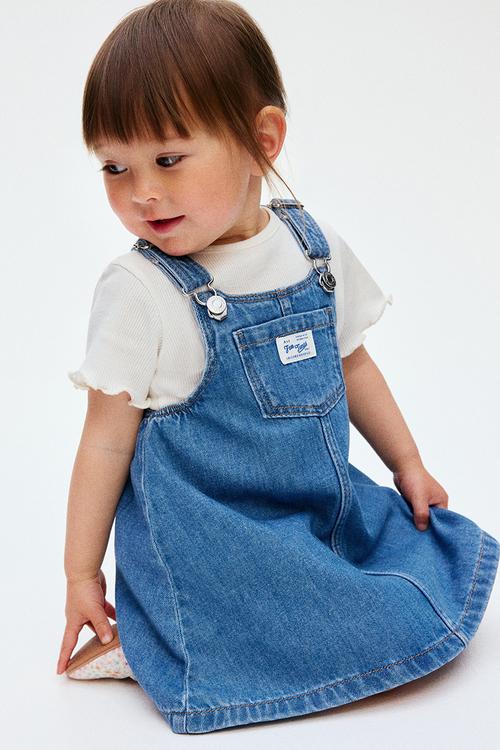 2-Piece dungaree dress and top set - denim blue/white