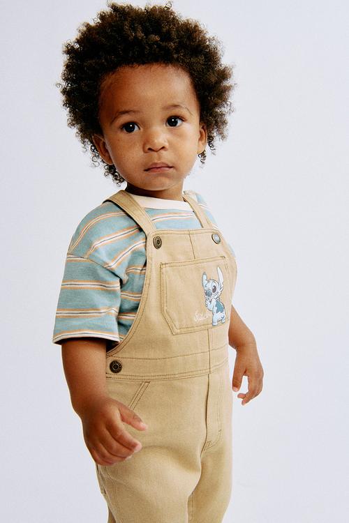 Motif-detail twill dungarees - beige/lilo & stitch 