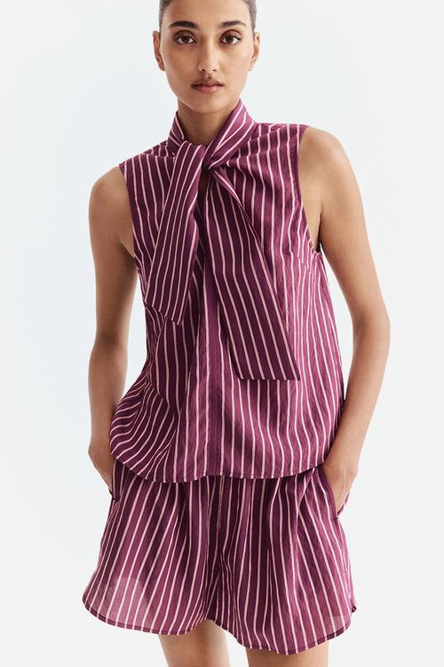 Tie-neck blouse - dark purple/striped 