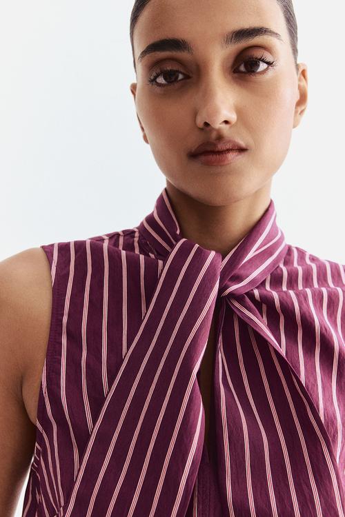 Tie-neck blouse - dark purple/striped 