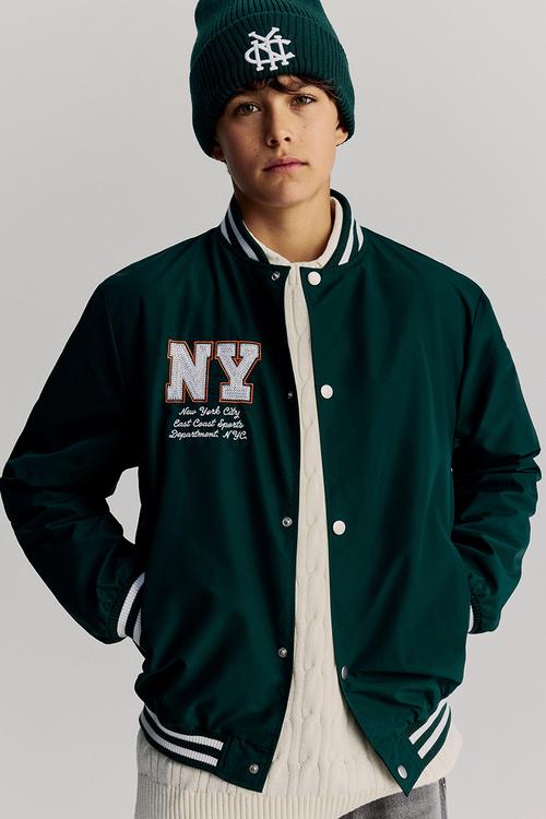 Motif-detail baseball jacket - dark green/new york -