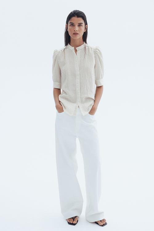 Puff-sleeved blouse - cream striped