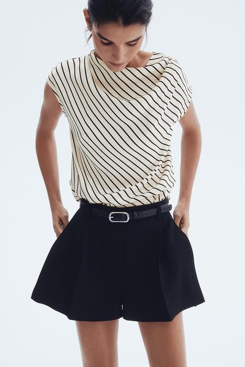 Cap-sleeved satin blouse - cream striped