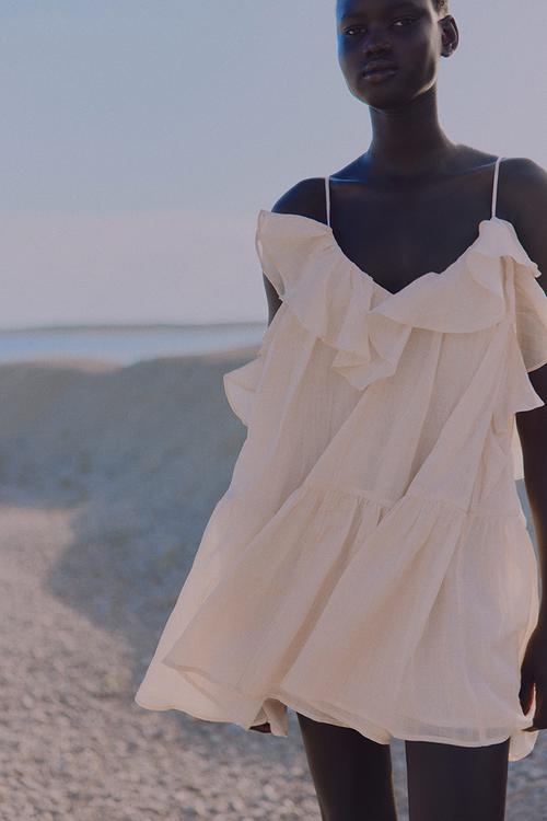 Flounced ramie dress - powder pink