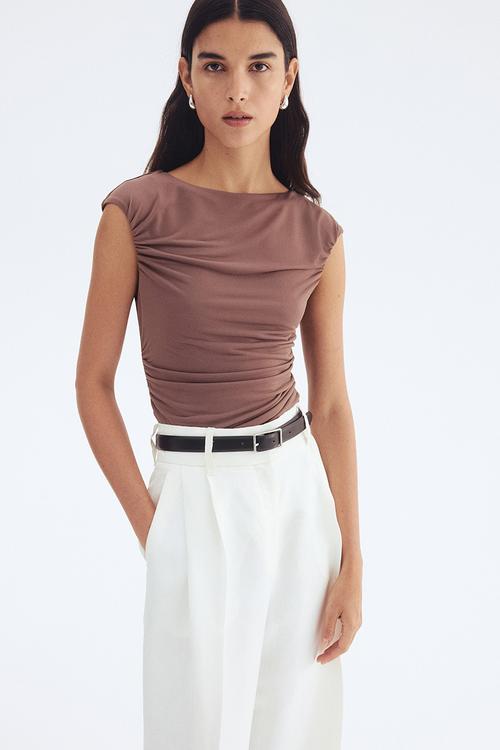 Draped cap-sleeved top - dark mole