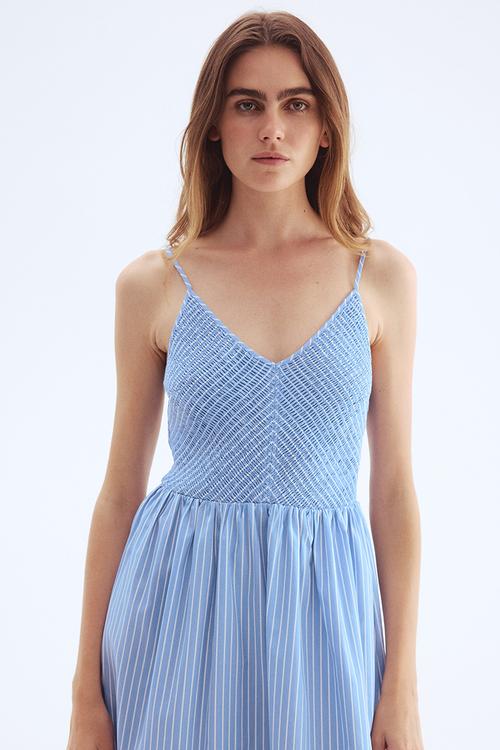 Smocked-bodice cotton dress - light blue striped