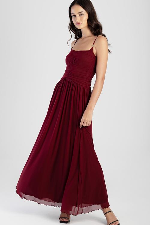 Sweet Escape Maxi Dress With A Dropped Waist And Ruching - Burgundy