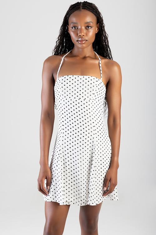 Take Your Timemini Dress With A Straight Neckline, Godets And Halterneck Straps - Off White