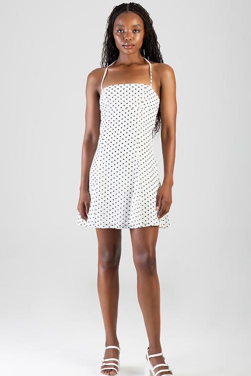 Take Your Timemini Dress With A Straight Neckline, Godets And Halterneck Straps - Off White