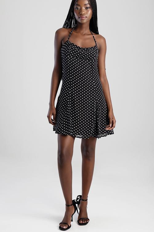 Take Your Time Mini Dress With A Straight Neckline, Godets And Halterneck Straps - Black