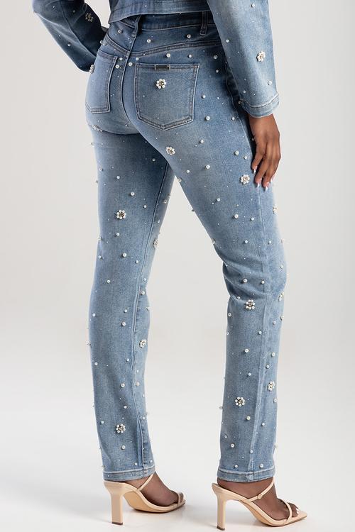 Leona Mid Waist Modern Stovepipe With Riveted Pearls And Diamantes - Light Vintage