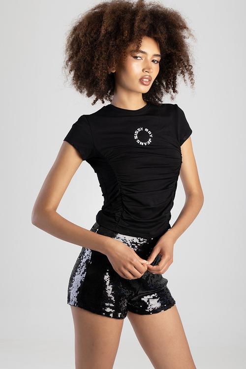 Midnight Glow Baby Tshirt With Ruching And Branded Transfer - Black