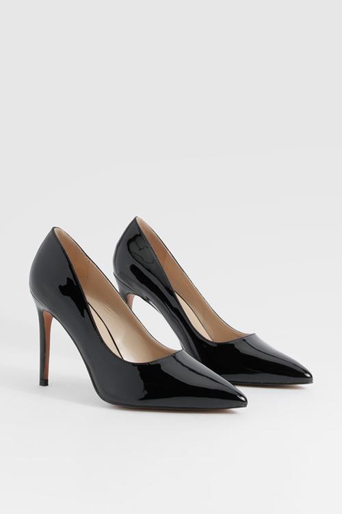 Wide fit pointed toe stiletto court heel - black