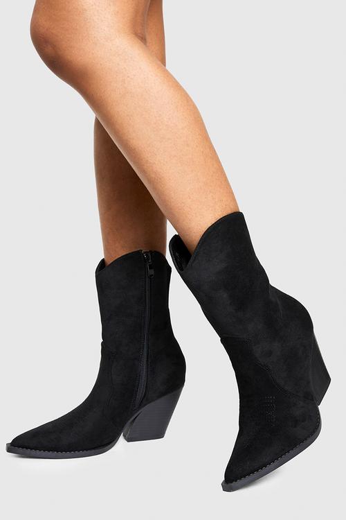 Faux suede calf high western boots - black