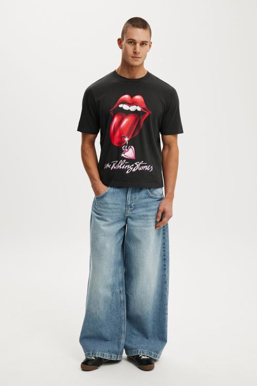 Cropped Fit Music T-Shirt - Lcn Bra Washed Black/Rolling Stones - Chrom