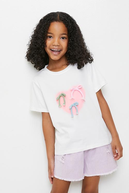 Bow applique tee with denim shorts - white/pink/pastel purple