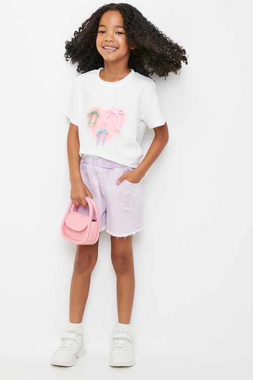Bow applique tee with denim shorts - white/pink/pastel purple