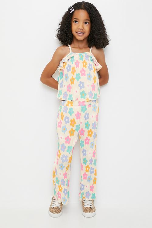 Floral printed plisse camisole with flared leggings - multi