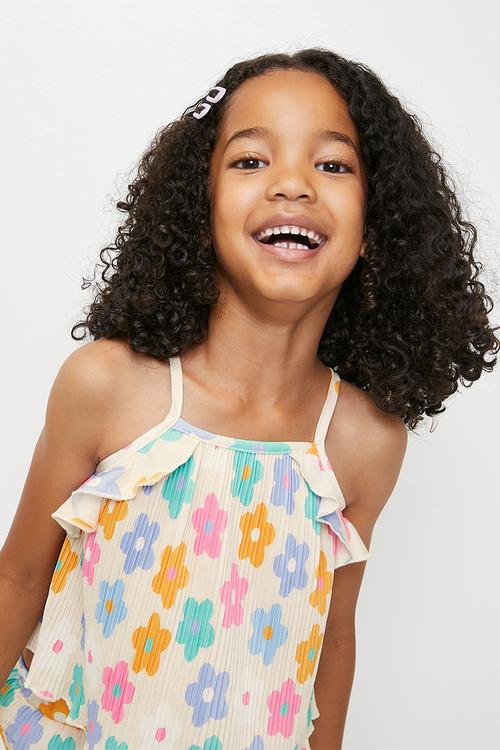 Floral printed plisse camisole with flared leggings - multi