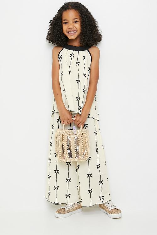 Bows Print halter top & flared pants set - white/black bows