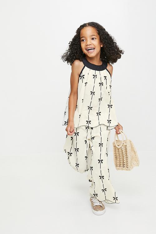 Bows Print halter top & flared pants set - white/black bows